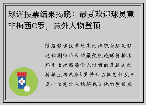球迷投票结果揭晓:最受欢迎球员竟非梅西C罗,意外人物登顶 球迷投票结果揭晓:最受欢迎球员竟非梅西C罗,意外人物登顶