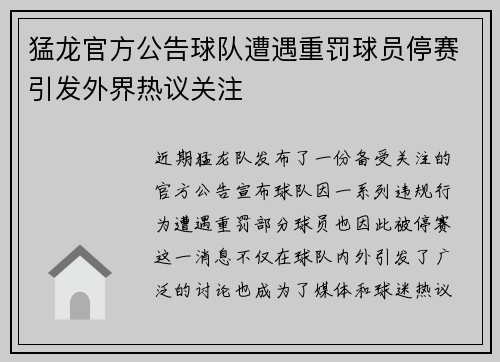 猛龙官方公告球队遭遇重罚球员停赛引发外界热议关注
